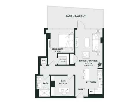 Floor plan for 1 bed, 1 bath, 822 sqft